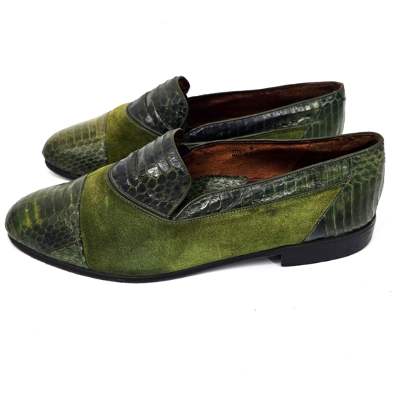 Wens Shoes Men's 10 Olive Green Suede & Genuine Snake Loafers Slip-On Exotic - Picture 1 of 10